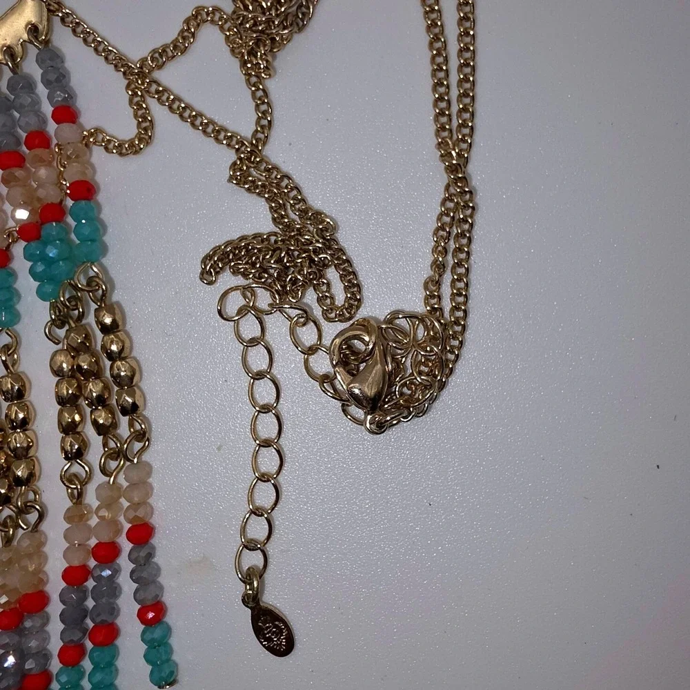 Premier Designs Necklace Gold Turquoise Red Excellent Lively Long Statement